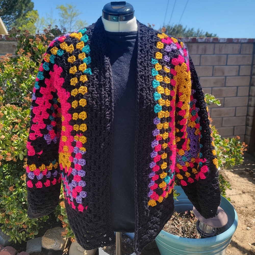 Colorful Crochet Hexi-Cardigan in Multi-color and Black